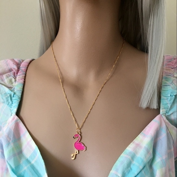 PINK Flamingo Hand Crafted Necklace Gold plated Water Wave Chain Cute - Picture 2 of 7
